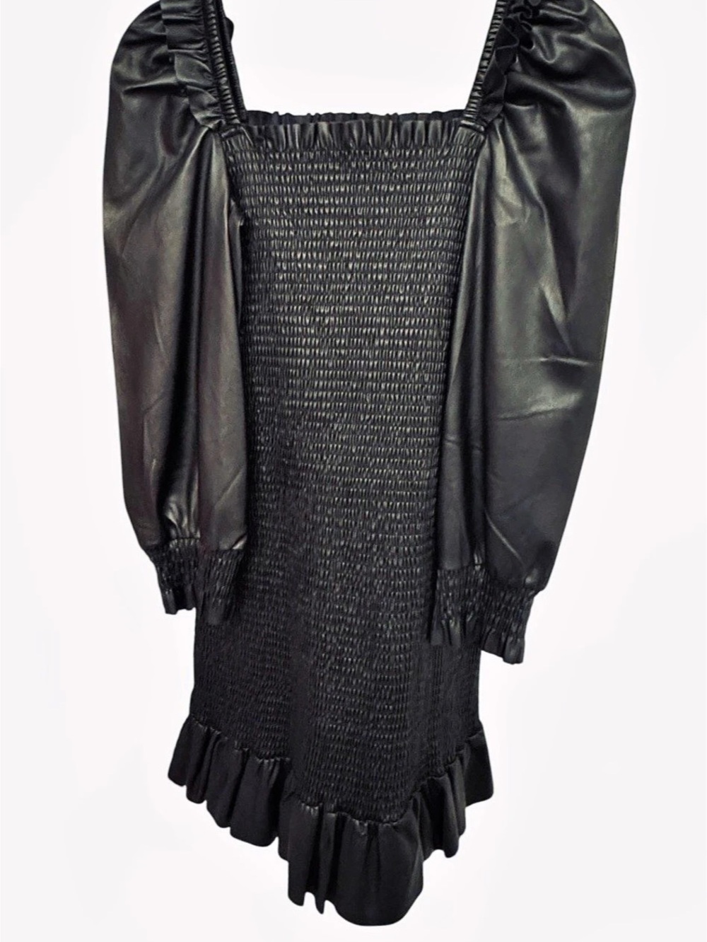 7 For All Mankind Black Faux Leather Smocked Puff Sleeve Ruffle Mini Dress M